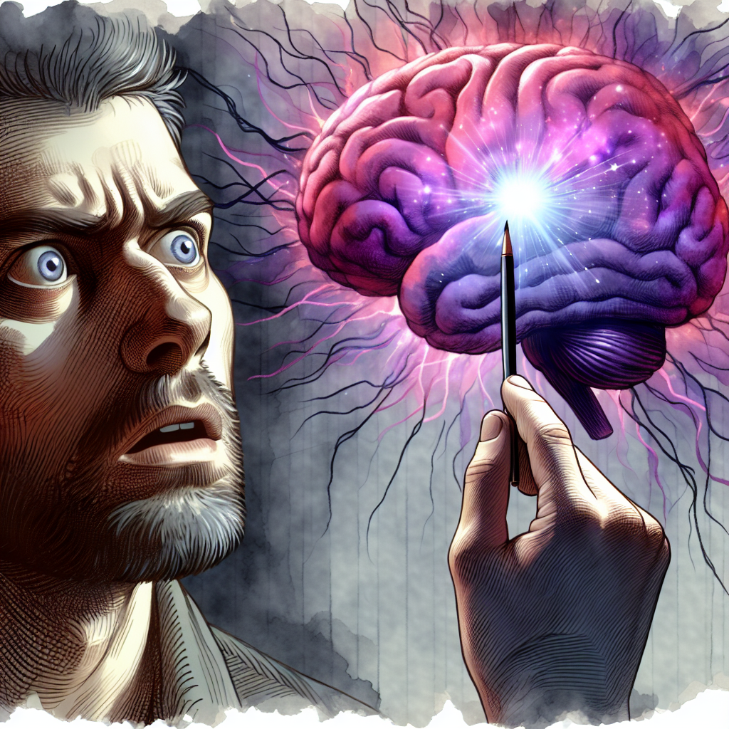  Illustrate Arken, a fear-stricken human with rough facial scars, looking at a massive, luminous, purple jail in the shape of a brain viewed from a shadowy point.  

---


