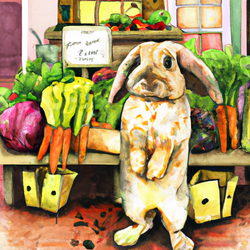  Lily, small brown rabbit, welcoming guests at her little vegetable shop with colorful produce displayed.

