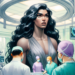  Xena, tall with lustrous, midnight black hair and a warrior's physique, appears bewildered in a modern, futuristic operating room, with doctors in scrubs observing her closely.

