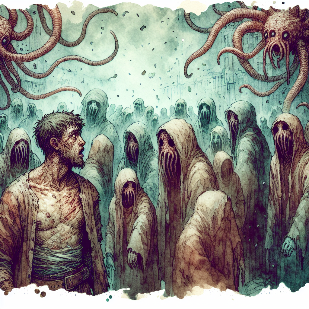  Depict Arken, a scarred, ragged human, witnessing his fellow captives, other humans and beings, suffering under the intimidating, octopus-like mindflayers amidst the subtly glowing prison cells.  

---

