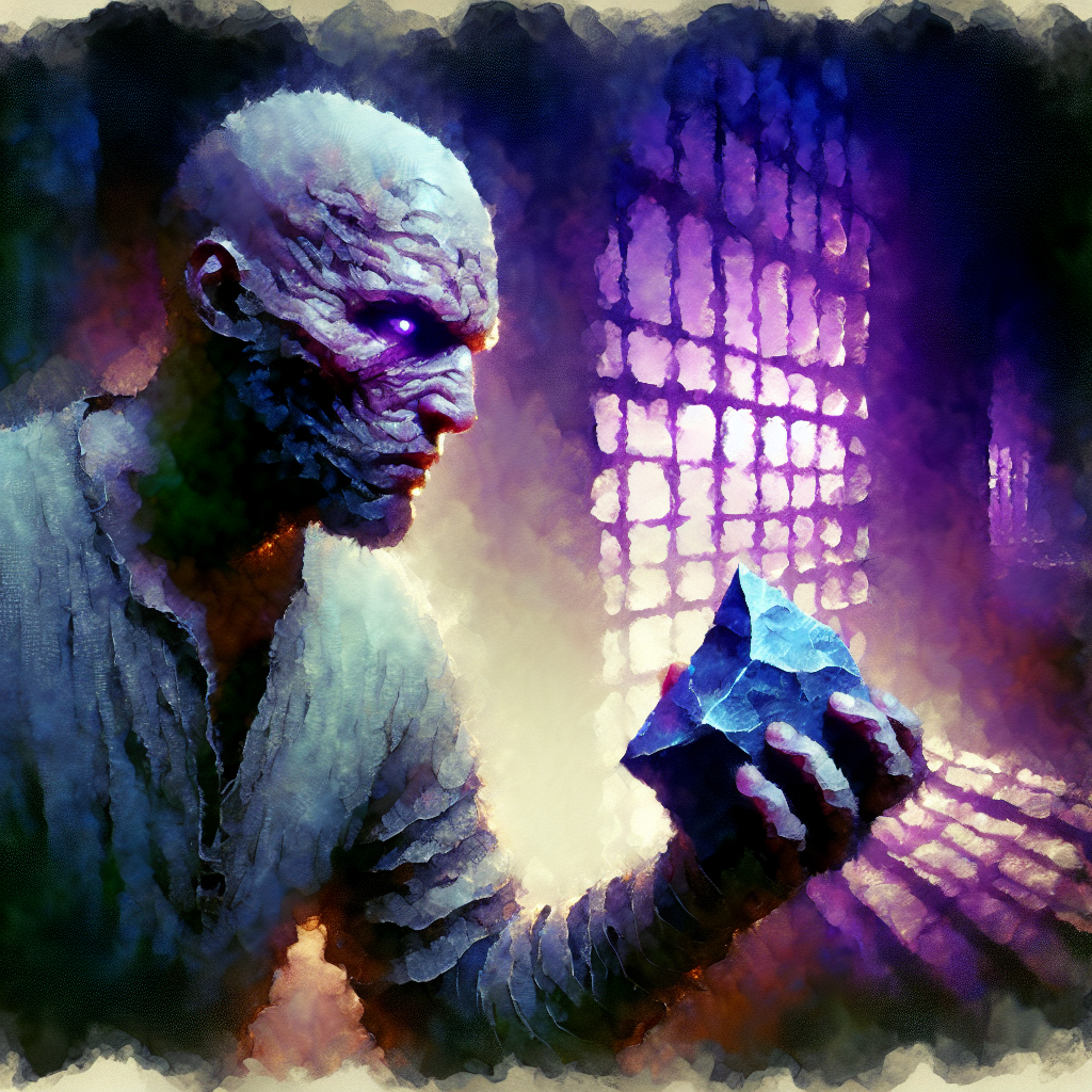  Give us a shot of Arken, a determined human with streaks of pain and resolution across his scarred face, clandestinely holding a magical, jagged stone from his pocket in the somberly lit, purplish cell.