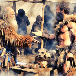  Draw a primitive market scene, portraying a barter exchange between two figures cloaked in animal hide, expressing frustration. The figure with long grey beard seems to question the fairness of the trade while the other, a muscular figure seems assertive.

