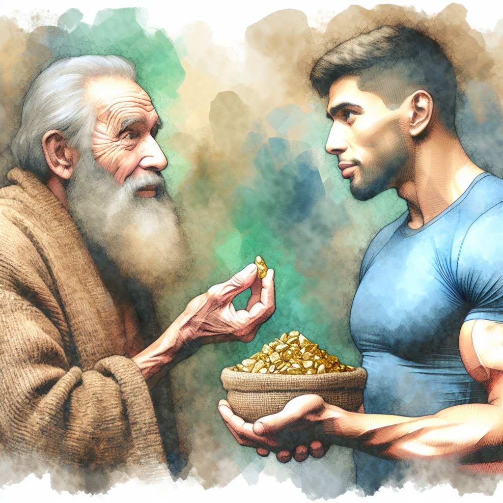  Paint the same grey-bearded elder and muscular man from the earlier image, now exchanging goods with gold nuggets or grains. Their expressions are attentive and intrigued, depicting a sense of novelty in the method.

