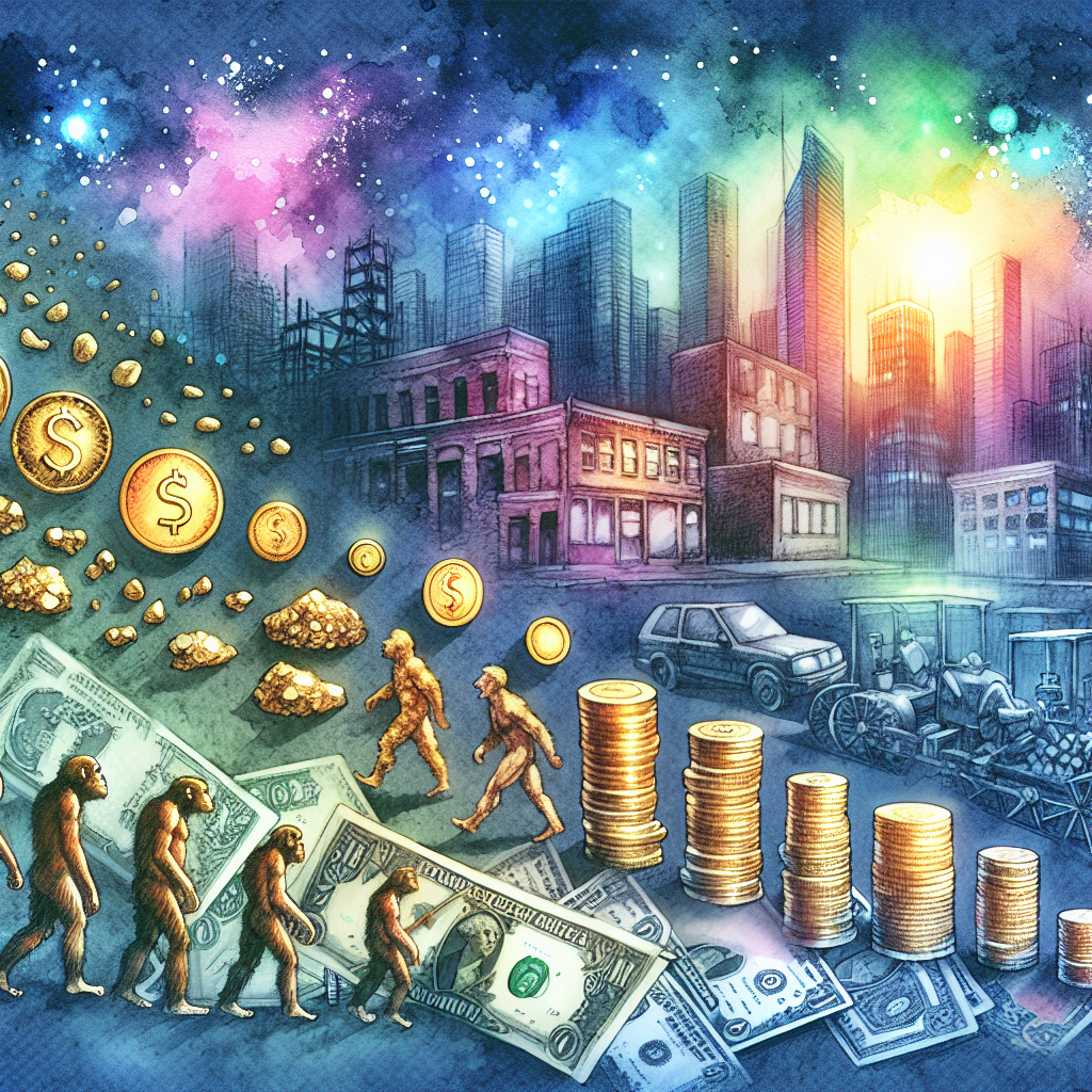  Trace the evolution of money with scattered symbols - primitive gold nuggets leading to coins and then to banknotes and credit cards. In the backdrop, show epochs changing from a primitive era to an industrial colonized city made of bricks and steel then heading into modern city lit up with skyscrapers under neon lights.