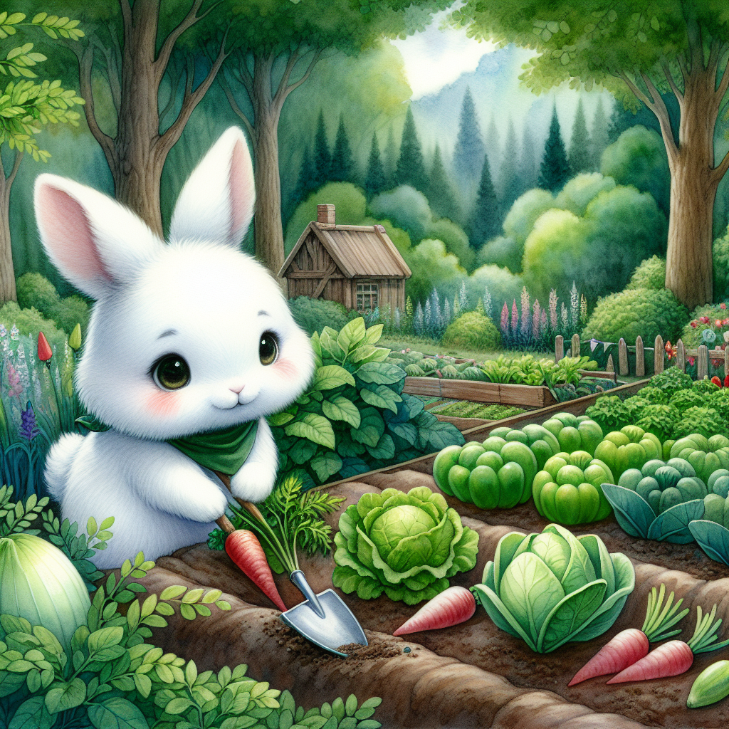  Bouncy, a fluffy white rabbit, tending a vibrant vegetable garden in a lush forest. His adorable innocence reflected upon his gleaming eyes.

