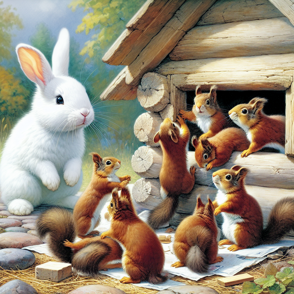  Bouncy, cute white rabbit, with the Squirrels, mostly brown and agile, enthusiastically building the shop. Their determination evident in their eyes, amidst a nature-friendly setting.

