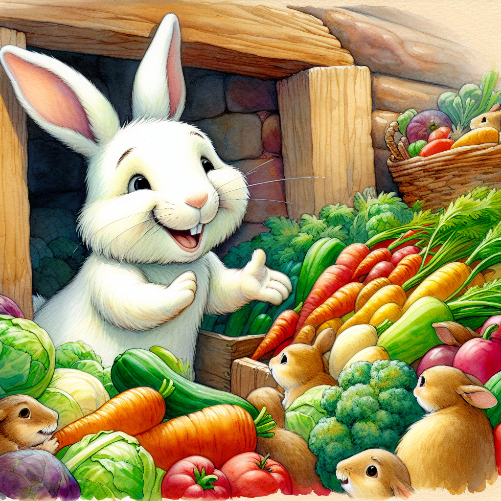  Bouncy, the happy white bunny, inside 'Bouncy’s Burrow', surrounded by colourful vegetables, serving a crowd of woodland animals. His warm smile radiating happiness in his successful venture.
