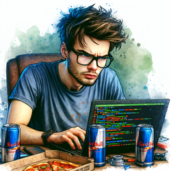  Ethan, a young geek with glasses and a nerdy t-shirt, coding furiously. Energy drink cans and pizza boxes lay around his cluttered desk.

