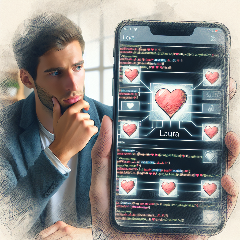  Close-up of Ethan's screen showing the coded reel of his love-recognition app, illustrating algorithms and Laura (heart) icons. Ethan in thinking pose, slightly baffled.

