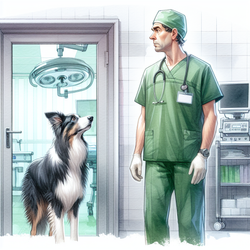  Dr. Smith, tall in which his scrubs, agape at his dog Xena, an alert Border Collie, standing in the doorway of the operating room. 

