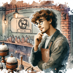  Show Evan, a young man with curly brown hair and glasses, thoughtfully devising a unique dish in Cafe-Bon, the aged eatery with brick walls and dimmed lights.

---

