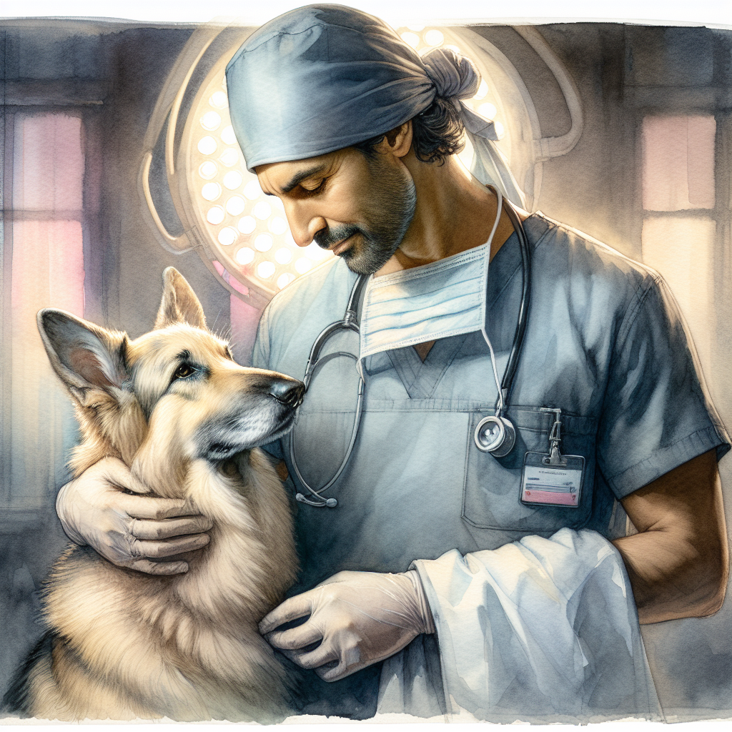  Dr. Smith, inspired-looking in his scrubs, pets a content Xena, clutching a custom-made doctor's coat for her, in the dimmed lights of the operation theatre after a long day's work.