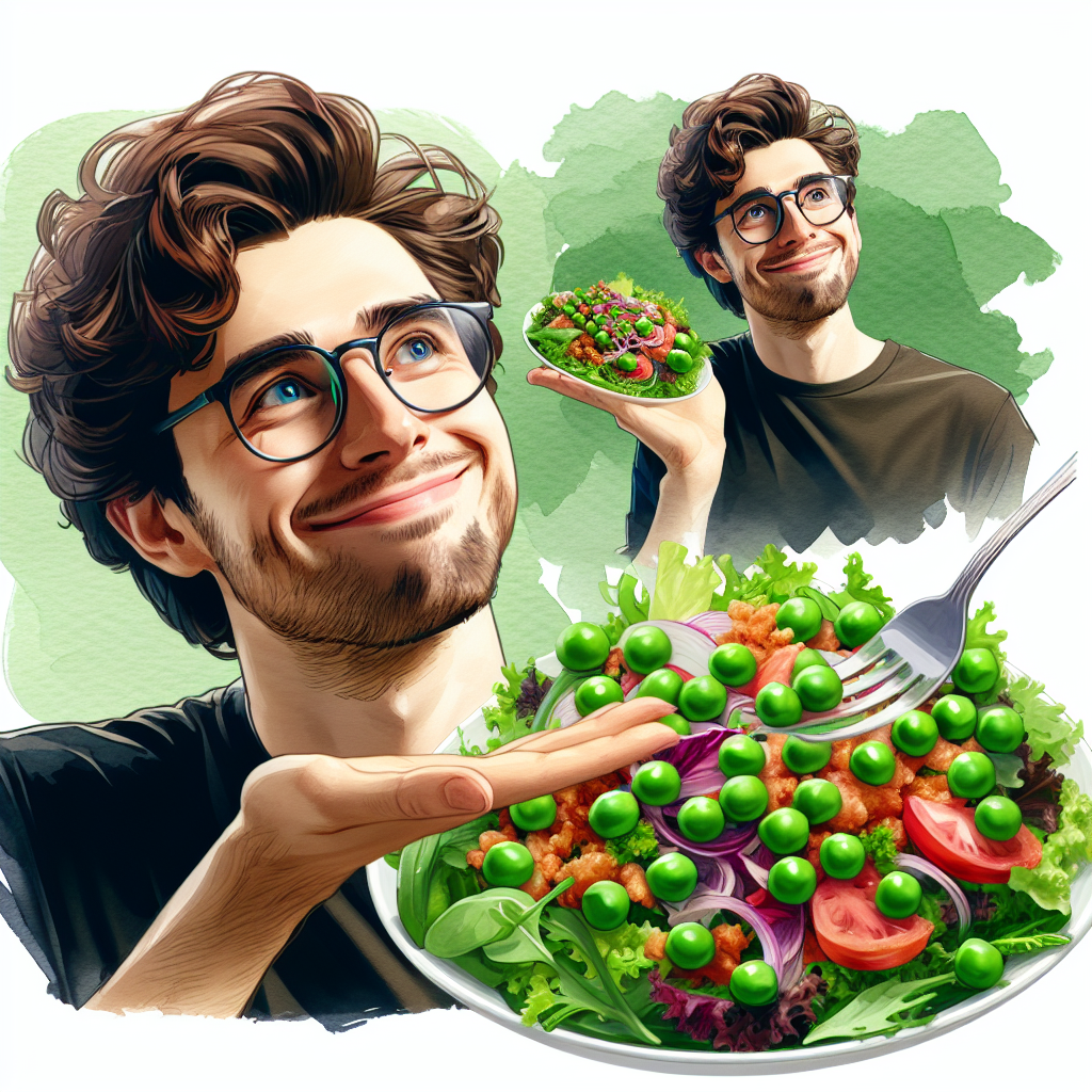  Depict a close-up of the Peaser Salad - a beautiful medley of greens, topped with peas. Feature Evan, curly brown-haired and bespectacled, delightfully presenting this unique creation.

---

