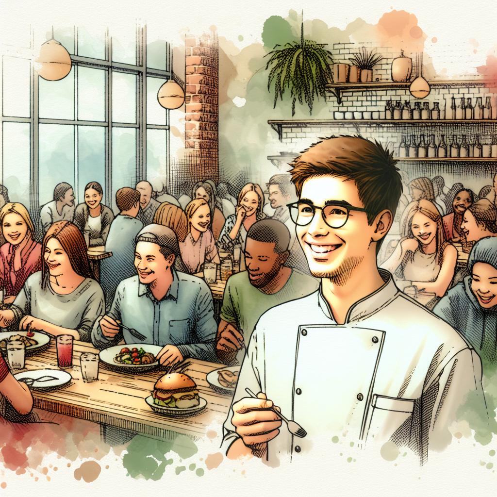  Illustrate a packed Cafe-Bon with delighted diners enjoying their meals. Show Evan, a young brown-haired chef with glasses, smiling contentedly at the success of his innovative dish.