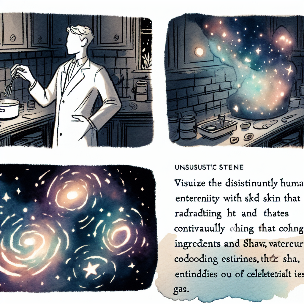  Anselmo, a humanoid with luminescent skin and constantly shifting feature colors, in a cosmic kitchen mixing ingredients that resemble small stars and cosmic gas.

