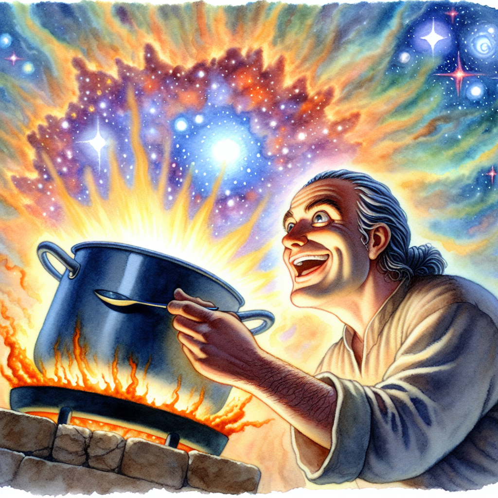  Anselmo tasting the simmering soup. Around him, the cosmos come alive, the intense starlight from the soup giving birth to new celestial bodies. His joyous expression reflects its perfect taste.