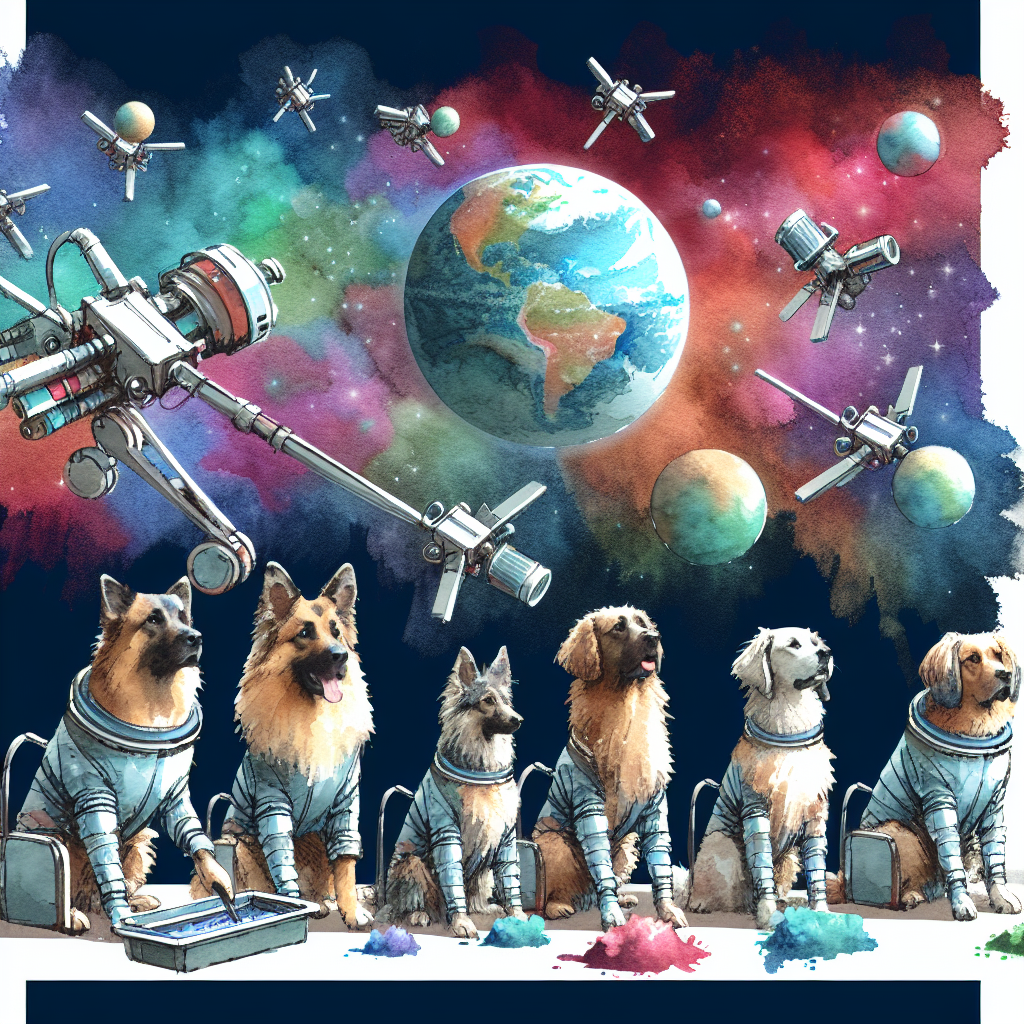  Tik Tak dogs use high tech gadgetry cleaning earth from space. Each dog is busy but purposeful.

