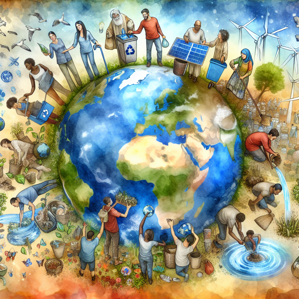  A global view of earth with humans caring for the environment, a profound sense of unity and responsibility in their actions.