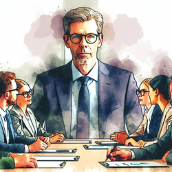  Sam Altman, middle-aged man with glasses, in a professional meeting with the board members expressing surprise and disappointment.

