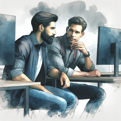 George and Tom, dressed casually in jeans and shirts, in a modern network office, sitting at their space-grey computers, absorbed in a deep conversation.

